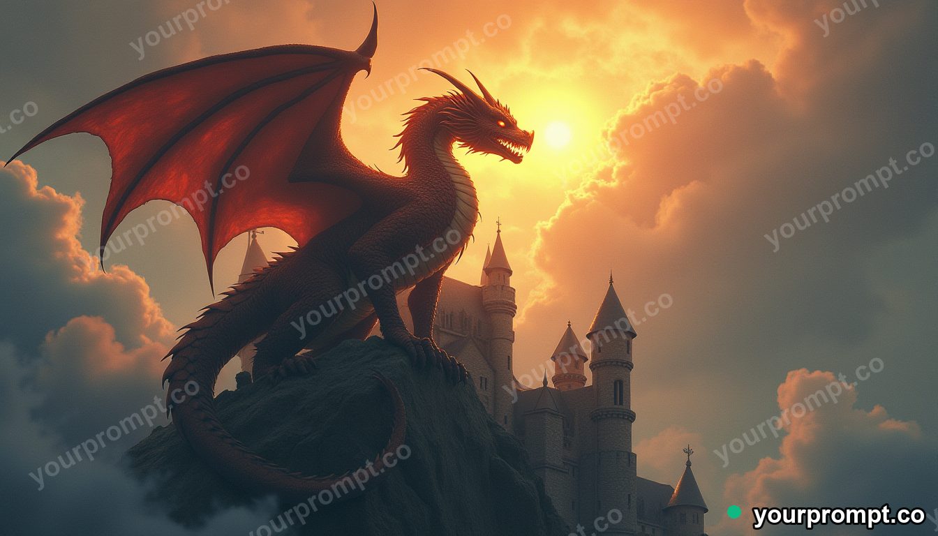 A dragon perched on a castle tower amid storm clouds