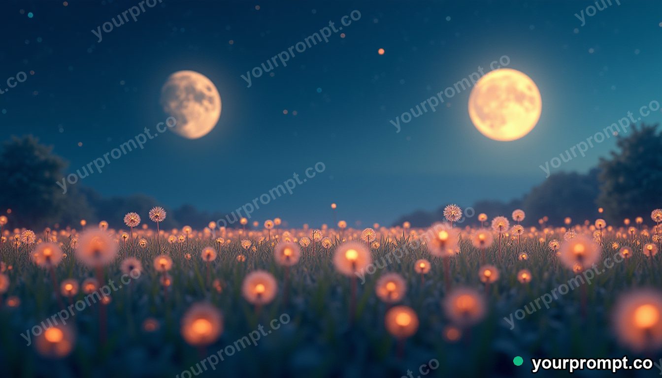 An endless field of glowing dandelions under twin moons