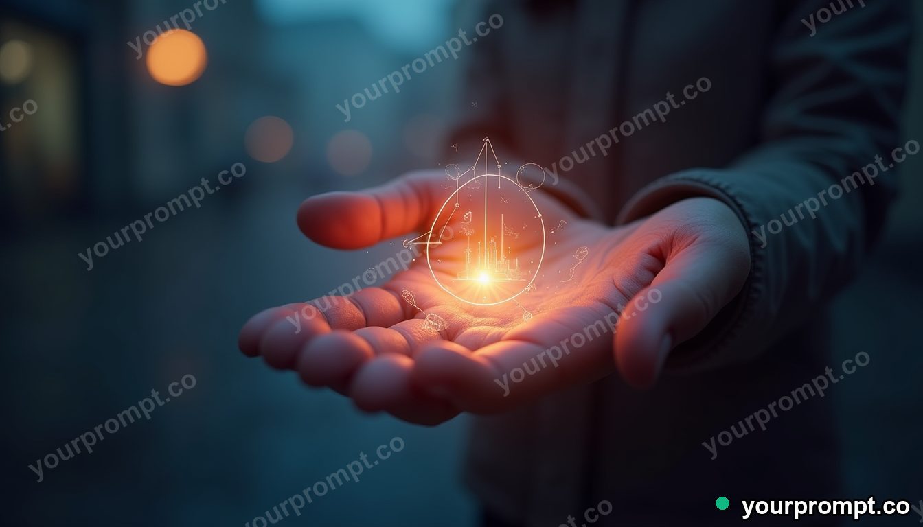 A wearable AR interface glowing over a person's hand