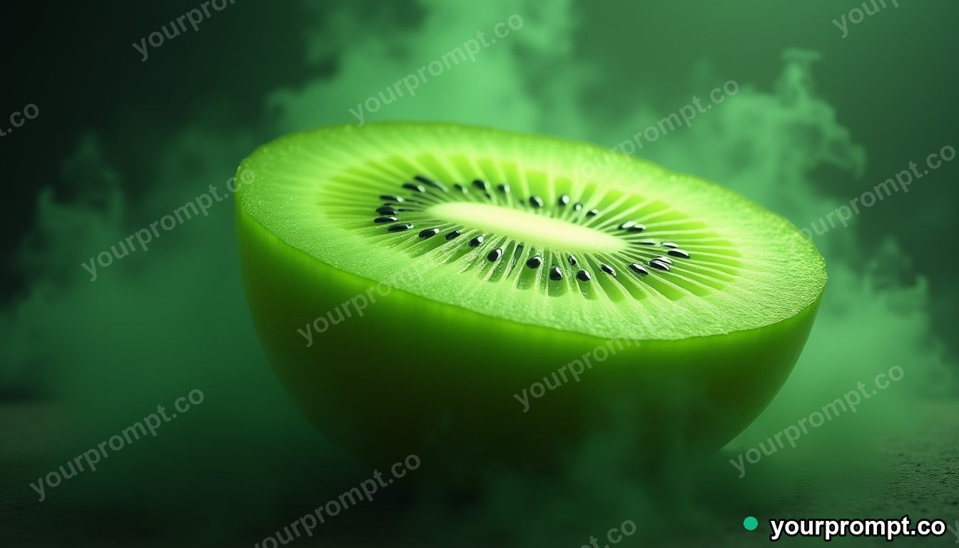 A sliced kiwi fan with bright green flesh