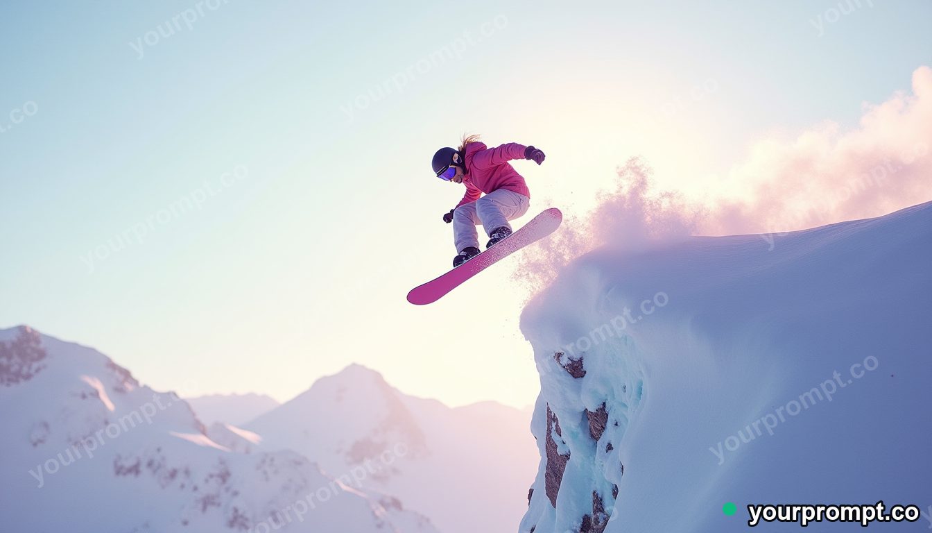 A snowboarder launching off a powder cliff