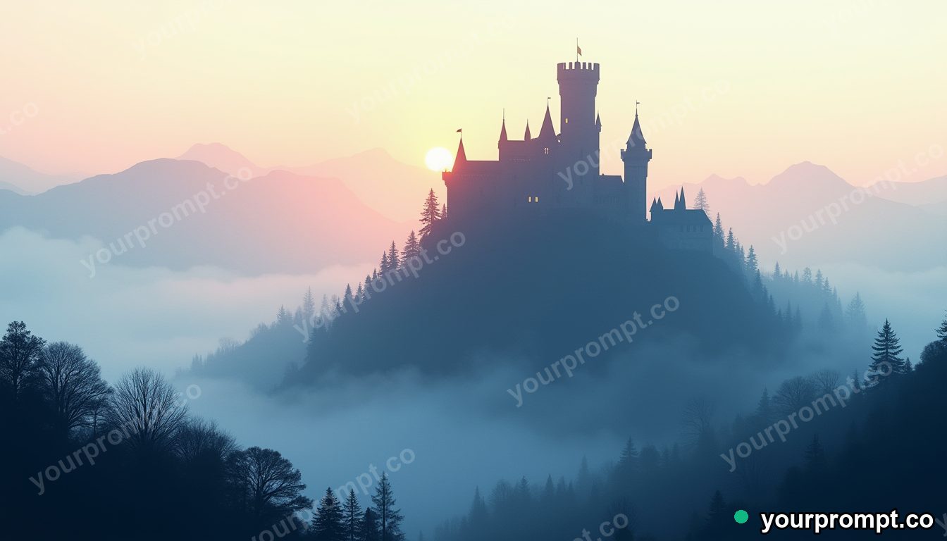A medieval castle on a foggy mountain peak