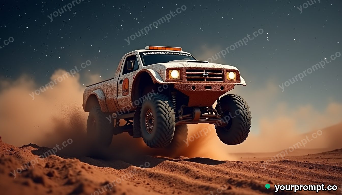 A mud-splattered rally truck mid-jump on a dirt track