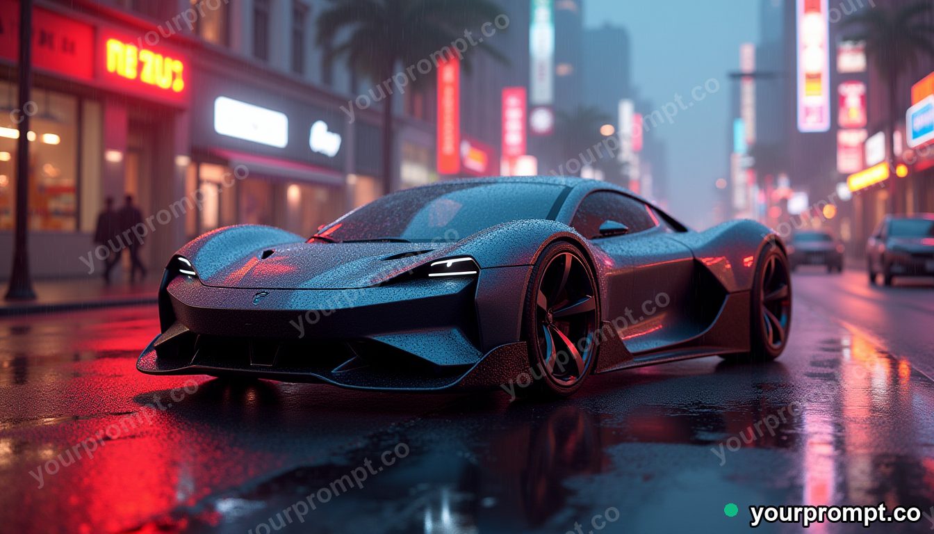 A sleek electric hypercar in a rain-soaked neon city