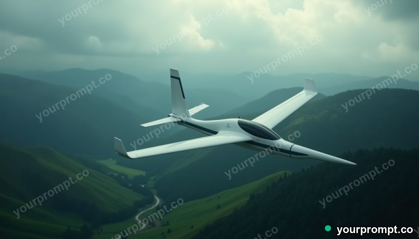 A glider soaring silently over green valleys