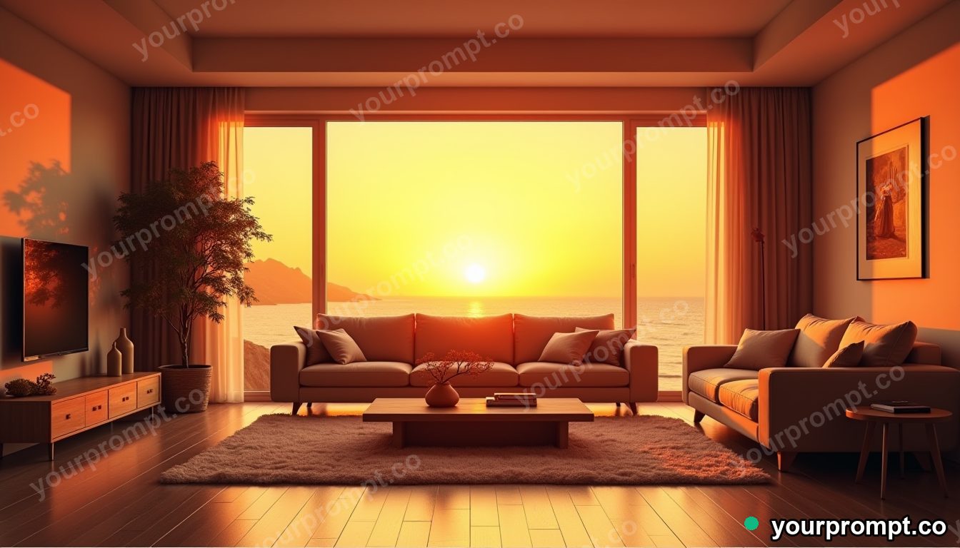 A minimalist Scandinavian living room at golden hour
