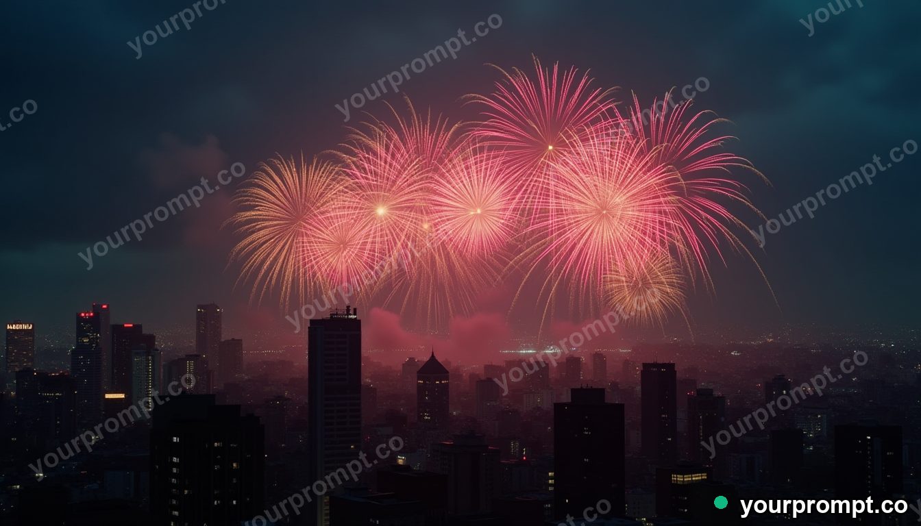 Fireworks bursting over a city skyline at midnight