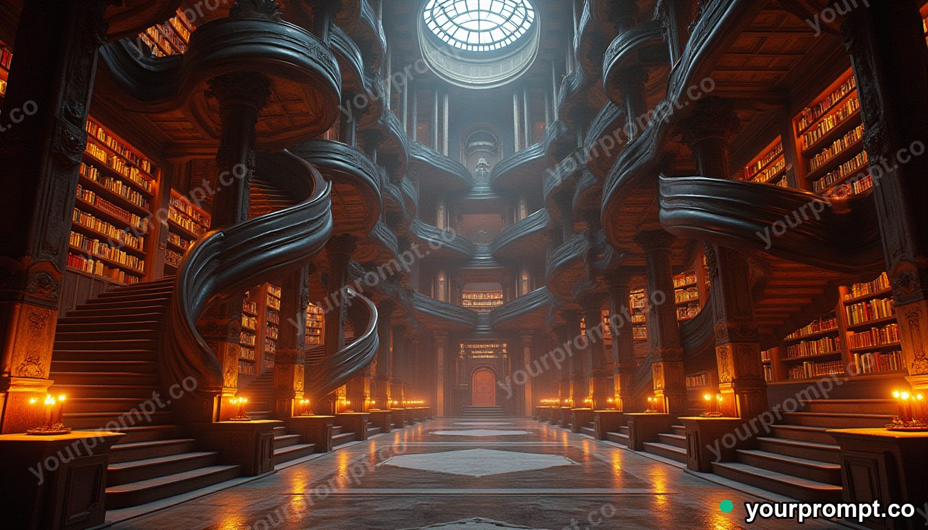 A grand library with spiral staircases and tall shelves