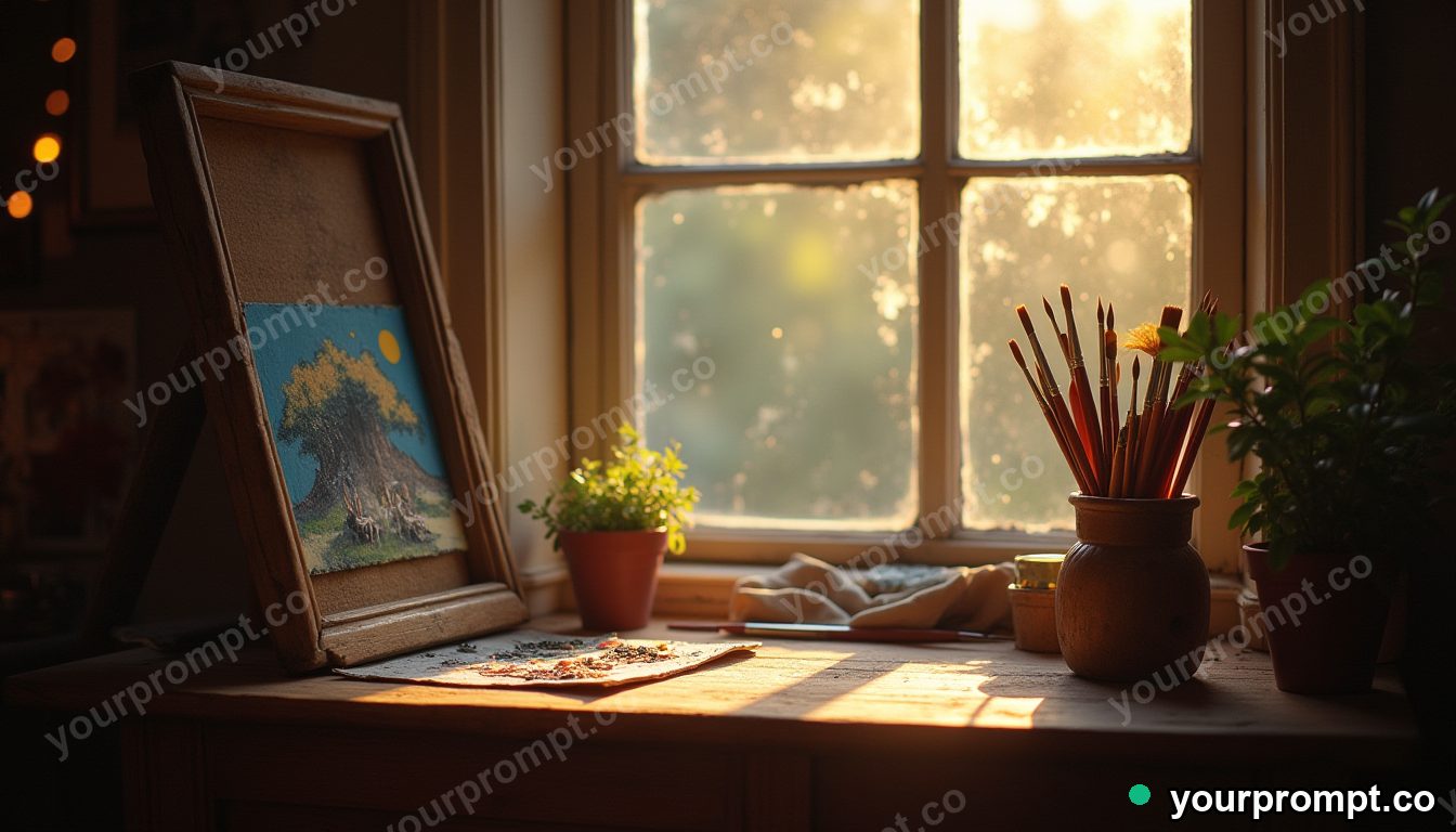A painter's palette and brushes by a sunlit window