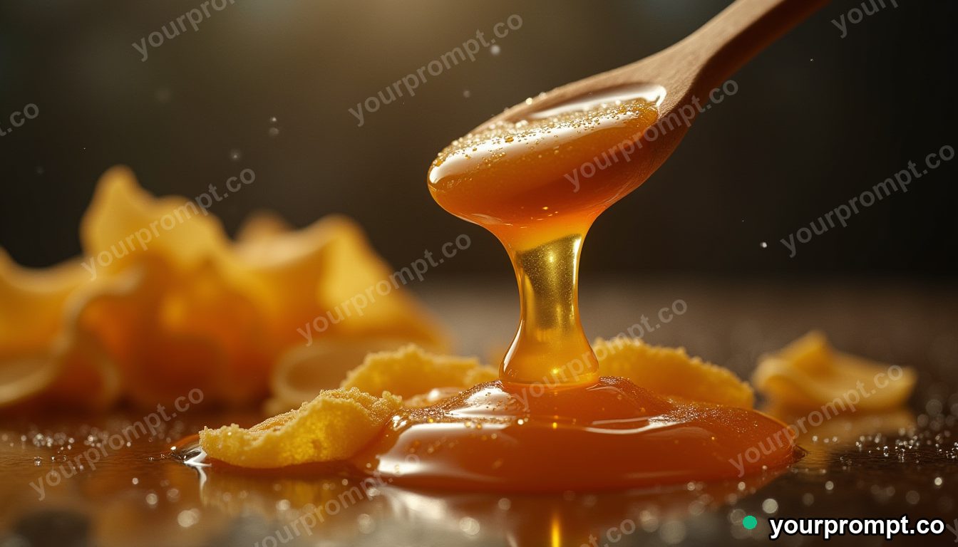 Honey dripping in a golden ribbon, close-up