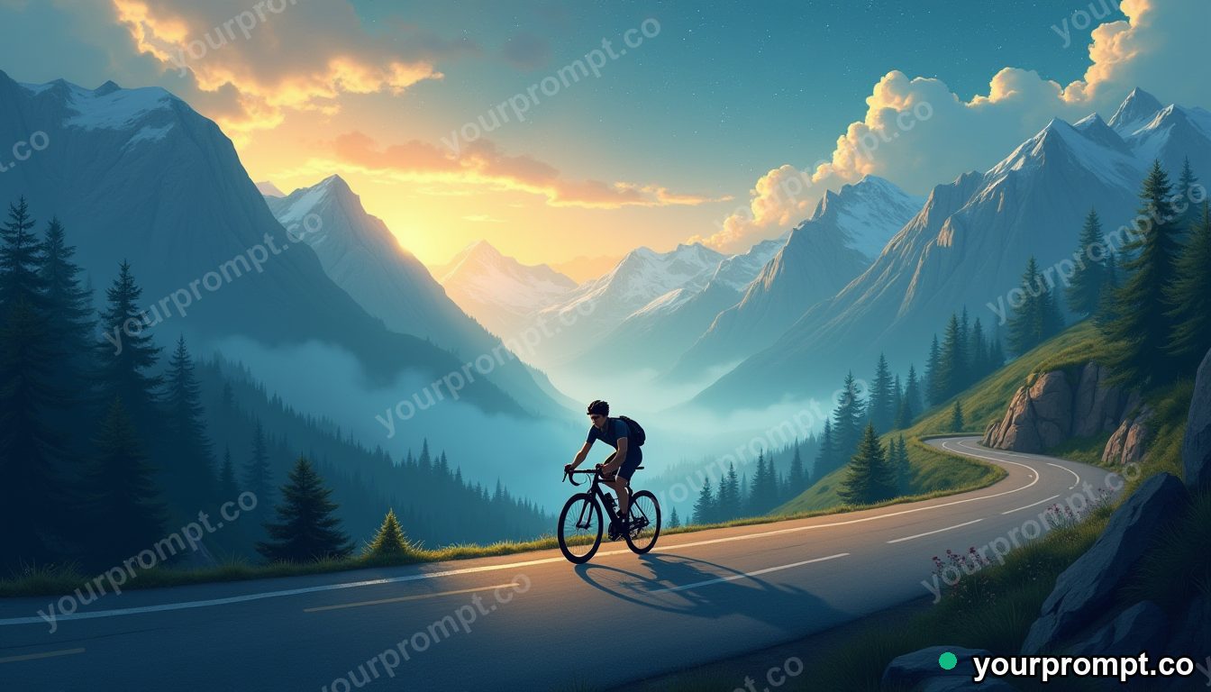 A cyclist sprinting up a misty mountain pass