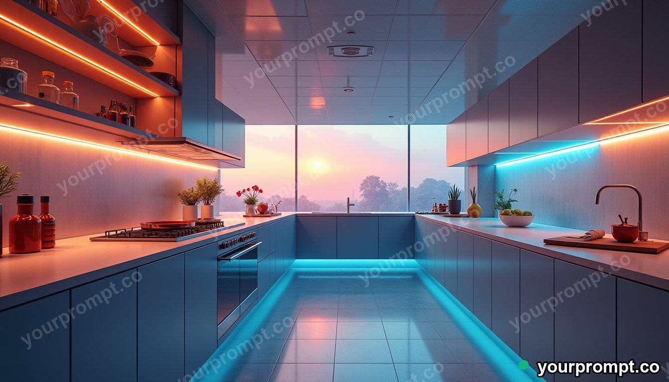 A futuristic smart kitchen with glowing surfaces