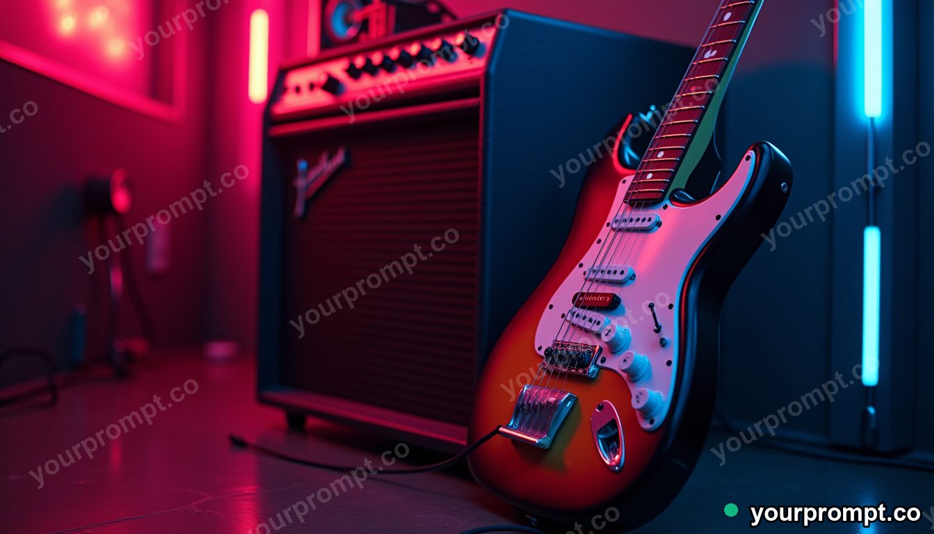 A vintage electric guitar leaning against an amp, neon glow