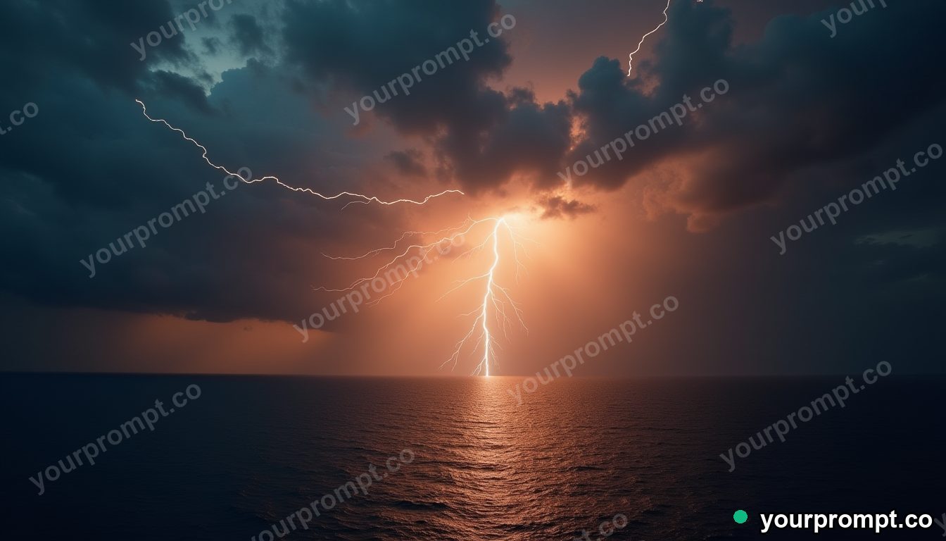 Lightning splitting the sky above a dark ocean