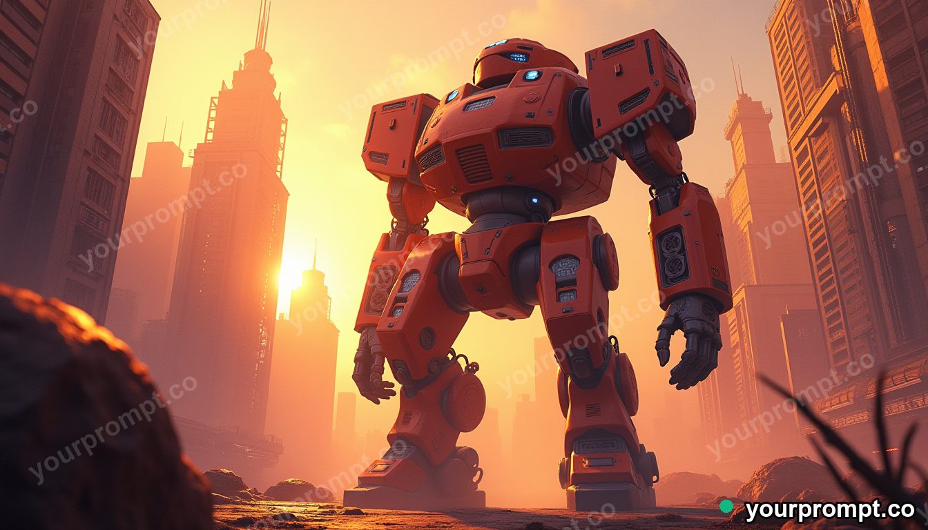 A towering mech standing guard in a neon city