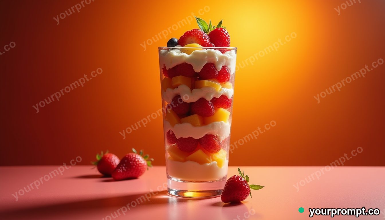 A tall layered fruit parfait in a glass