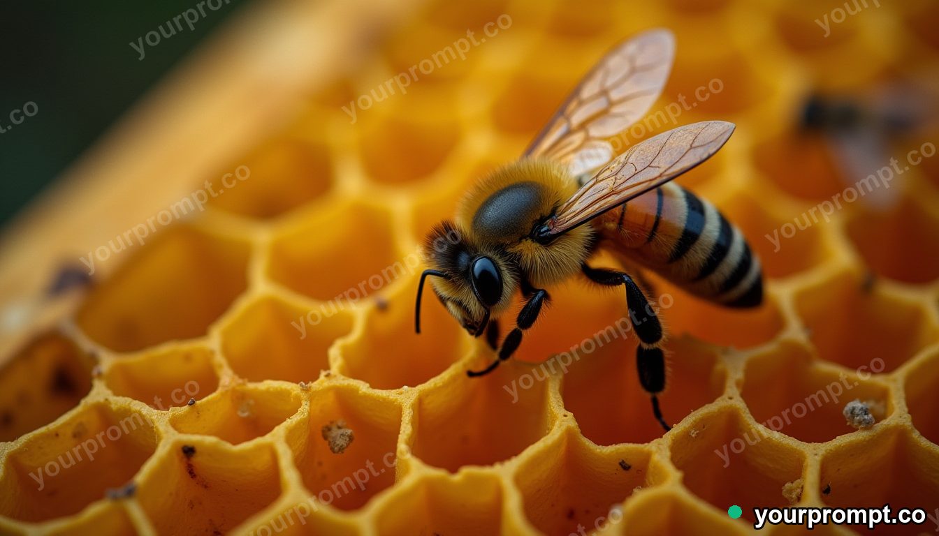 A honeybee hive close-up with golden comb