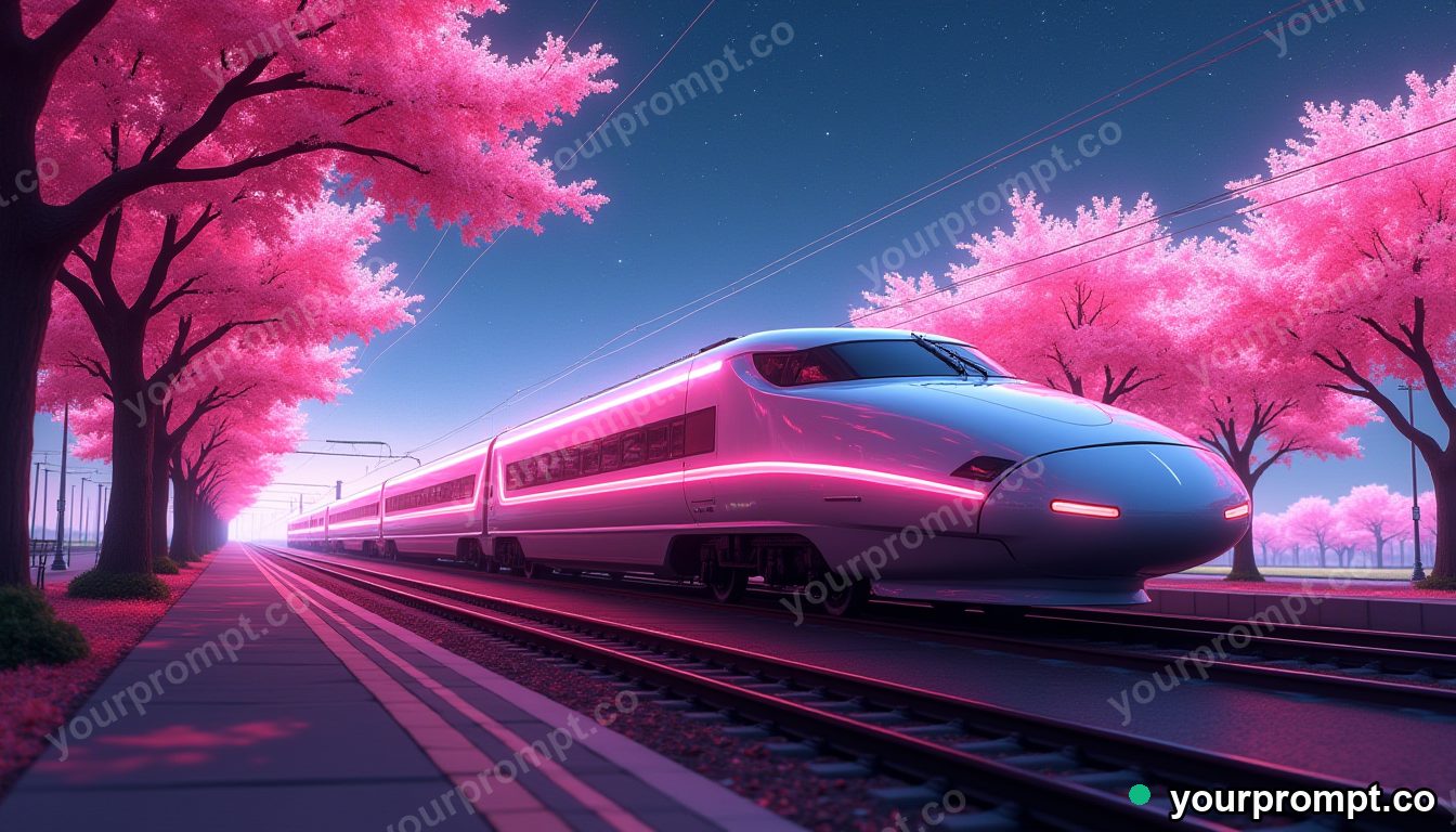 A sleek bullet train speeding past cherry blossoms