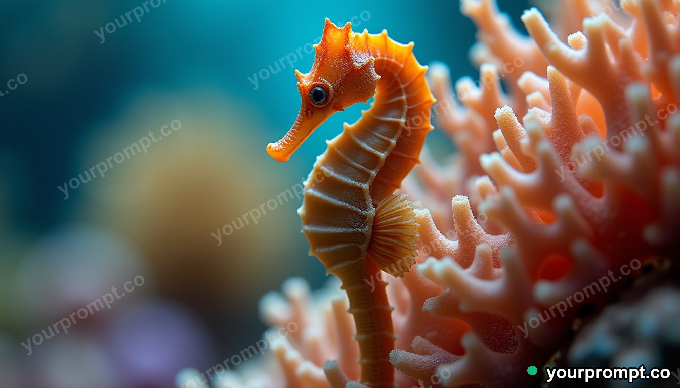 A seahorse clinging to coral, macro detail