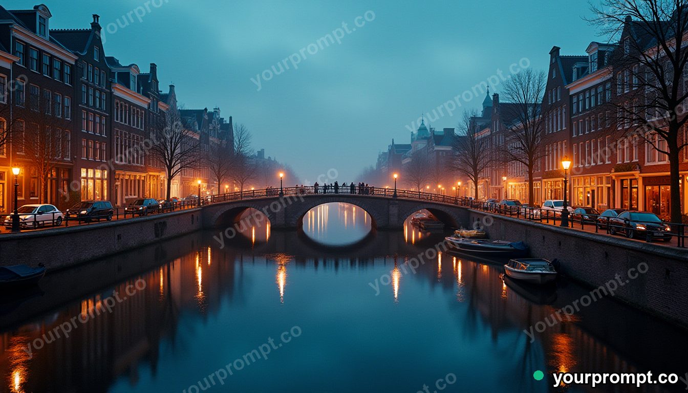 A floating city of bridges and canals at dawn