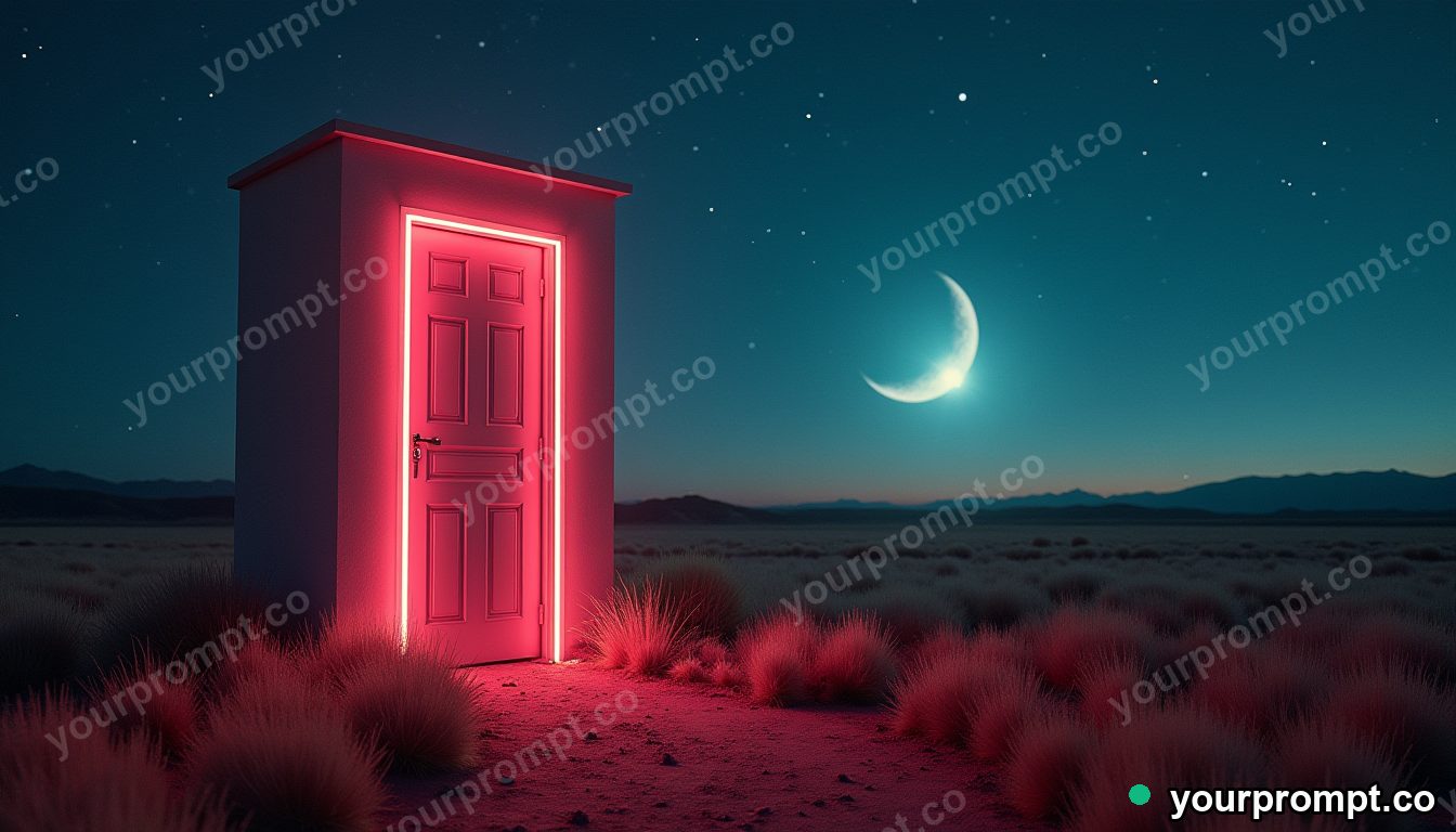 A lone door in an empty field opening onto deep space