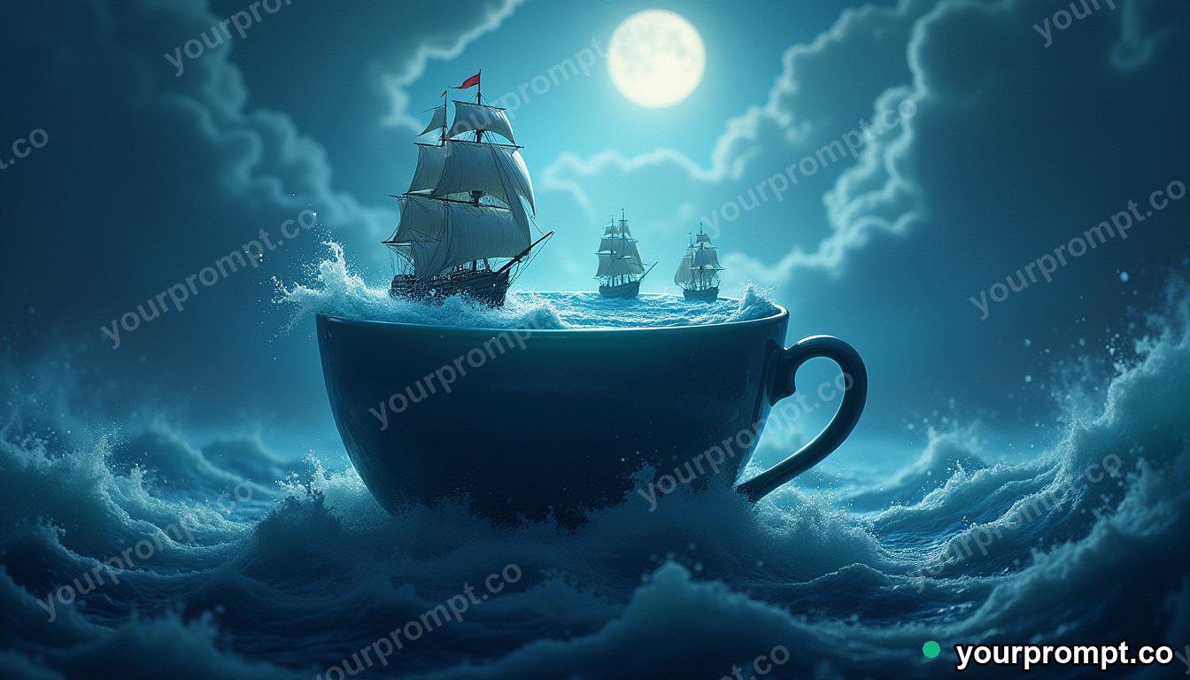 A teacup holding an entire stormy ocean with tiny ships