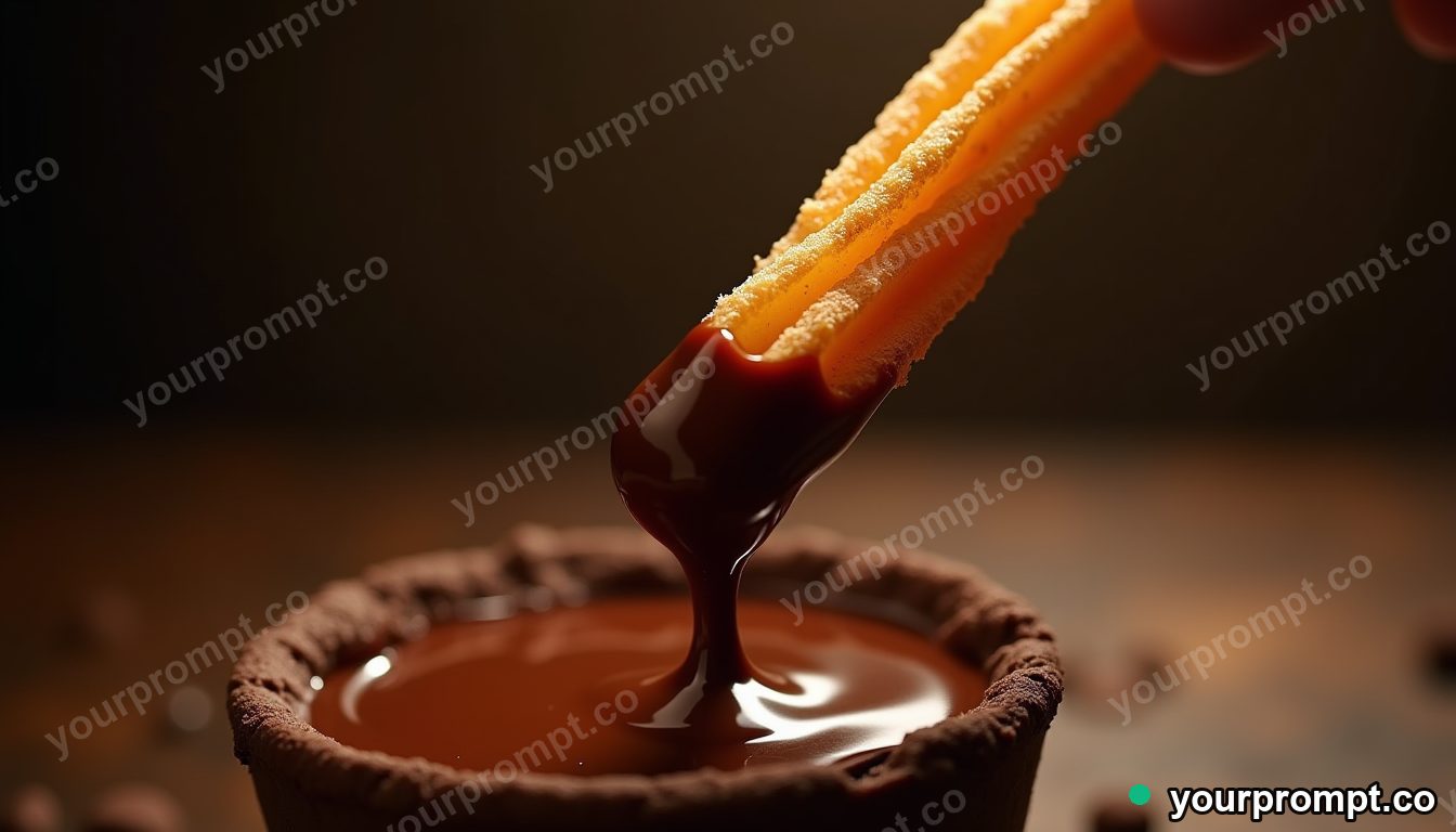 A churro dipped in thick chocolate sauce