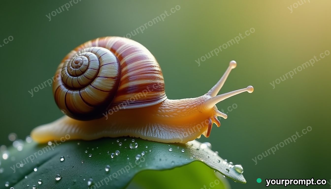 A snail with a glistening shell on a dewy stem