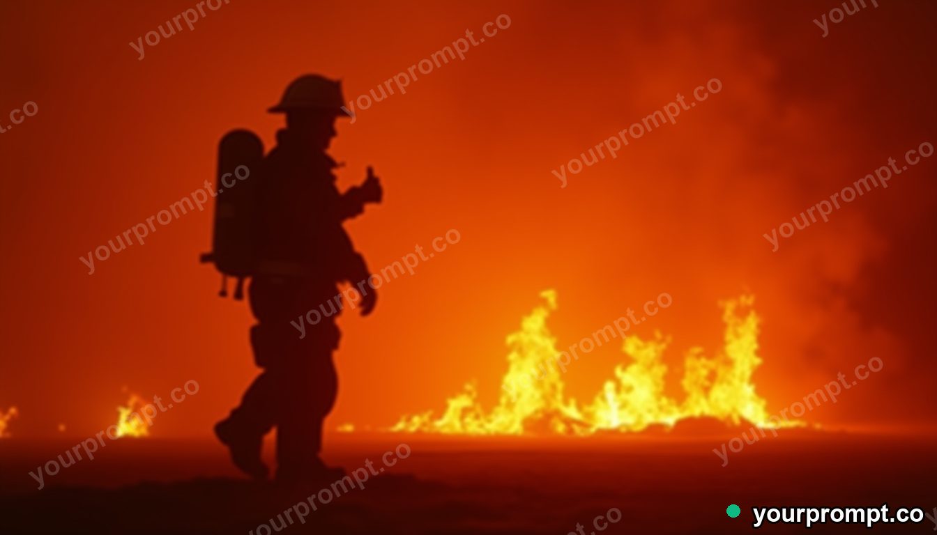 A firefighter silhouetted against orange flames