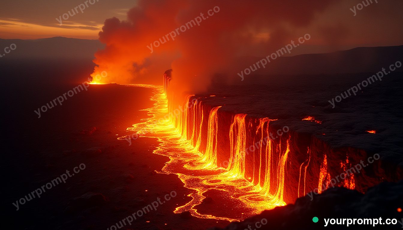 A wall of glowing molten lava cooling to black crust