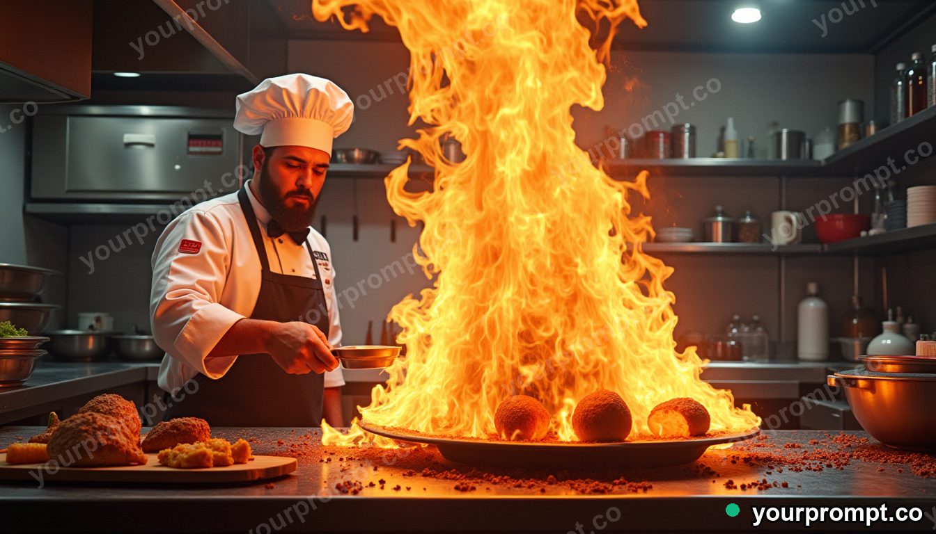 A chef flambeing a dish in a busy kitchen