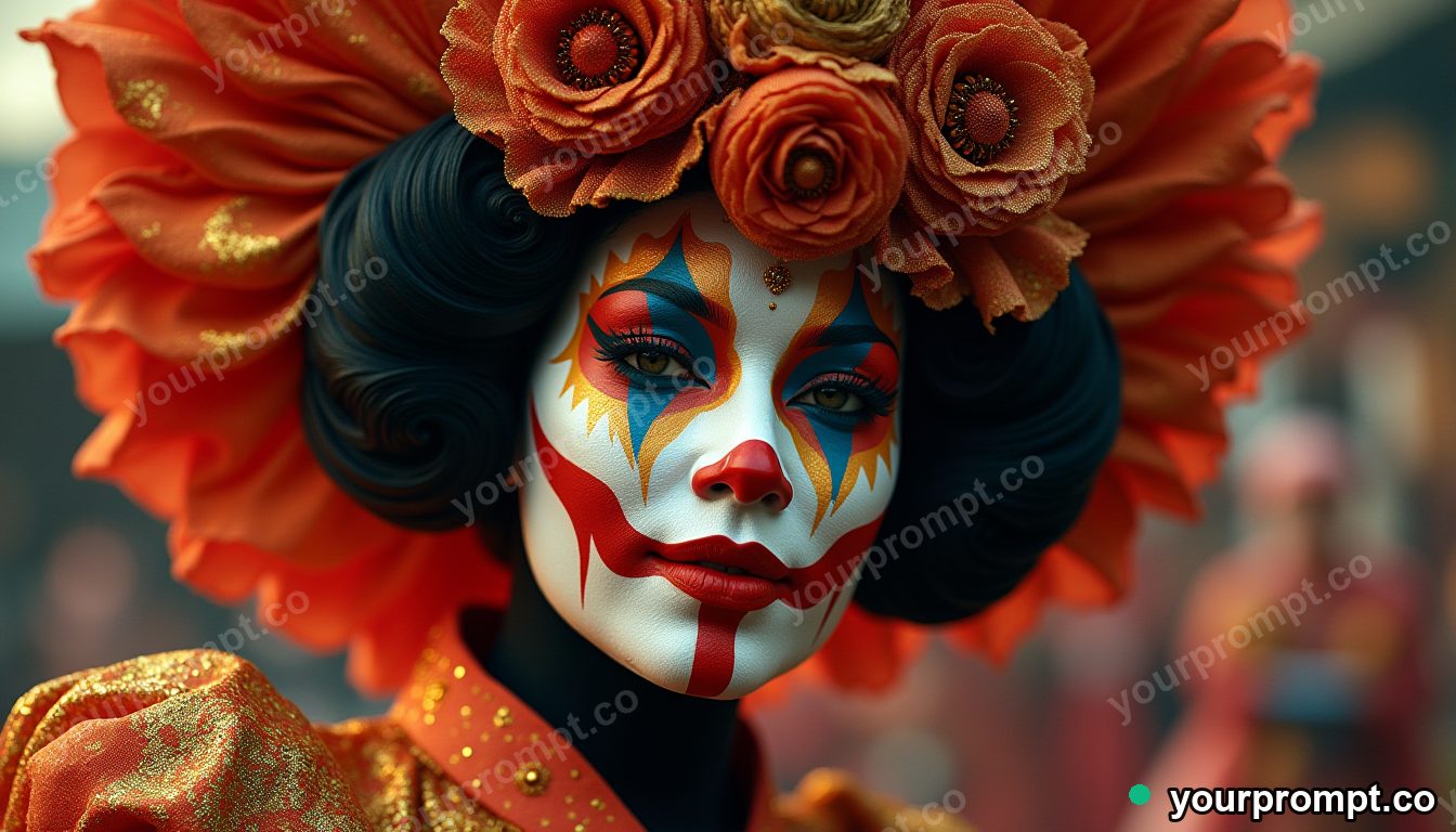 A painted-face carnival performer in vivid costume, fictional