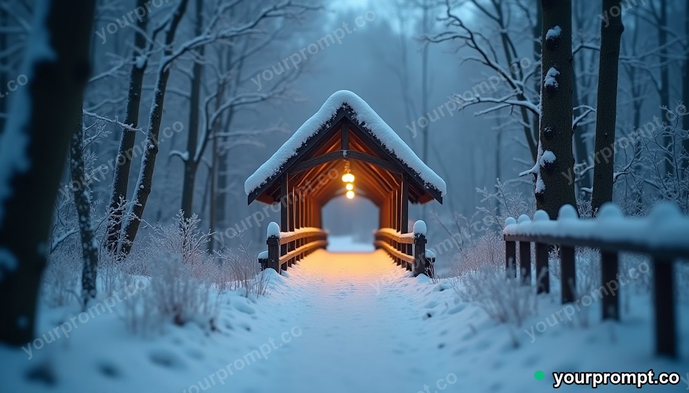 A snow-covered covered bridge in a quiet wood