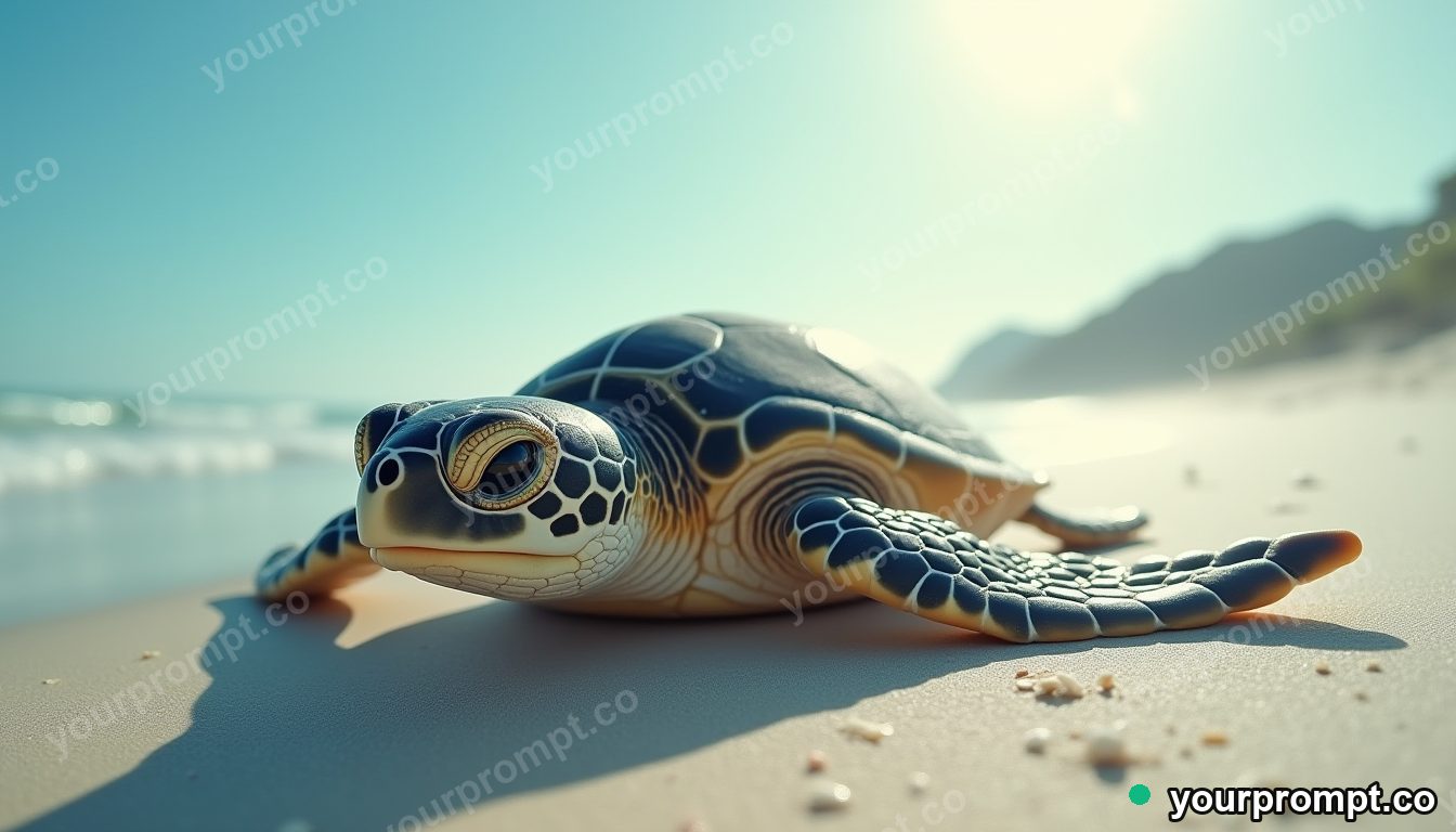 A baby sea turtle crawling toward the surf