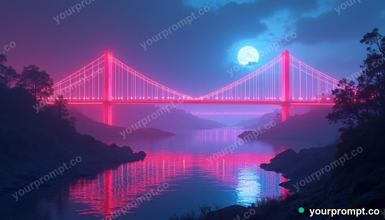 A glowing futuristic bridge across a neon river