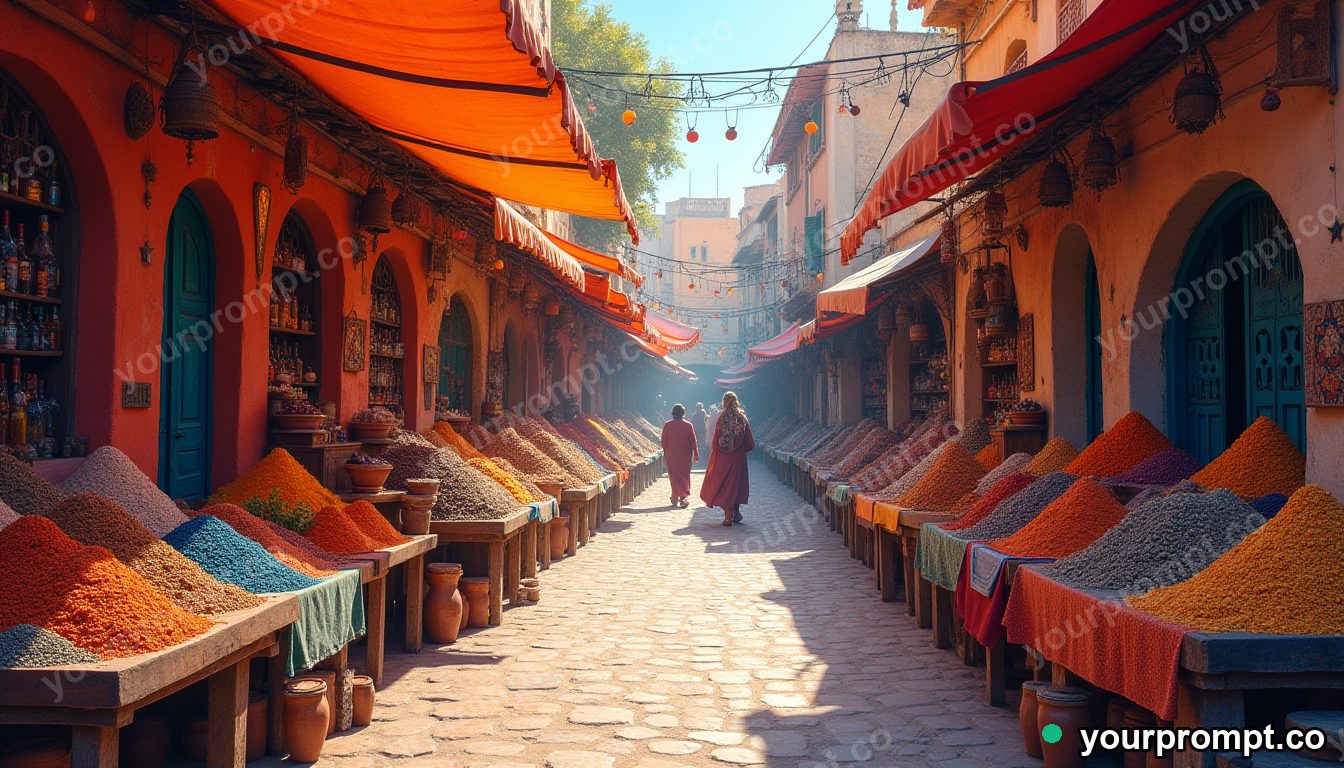 A vibrant Moroccan spice market with colorful stalls