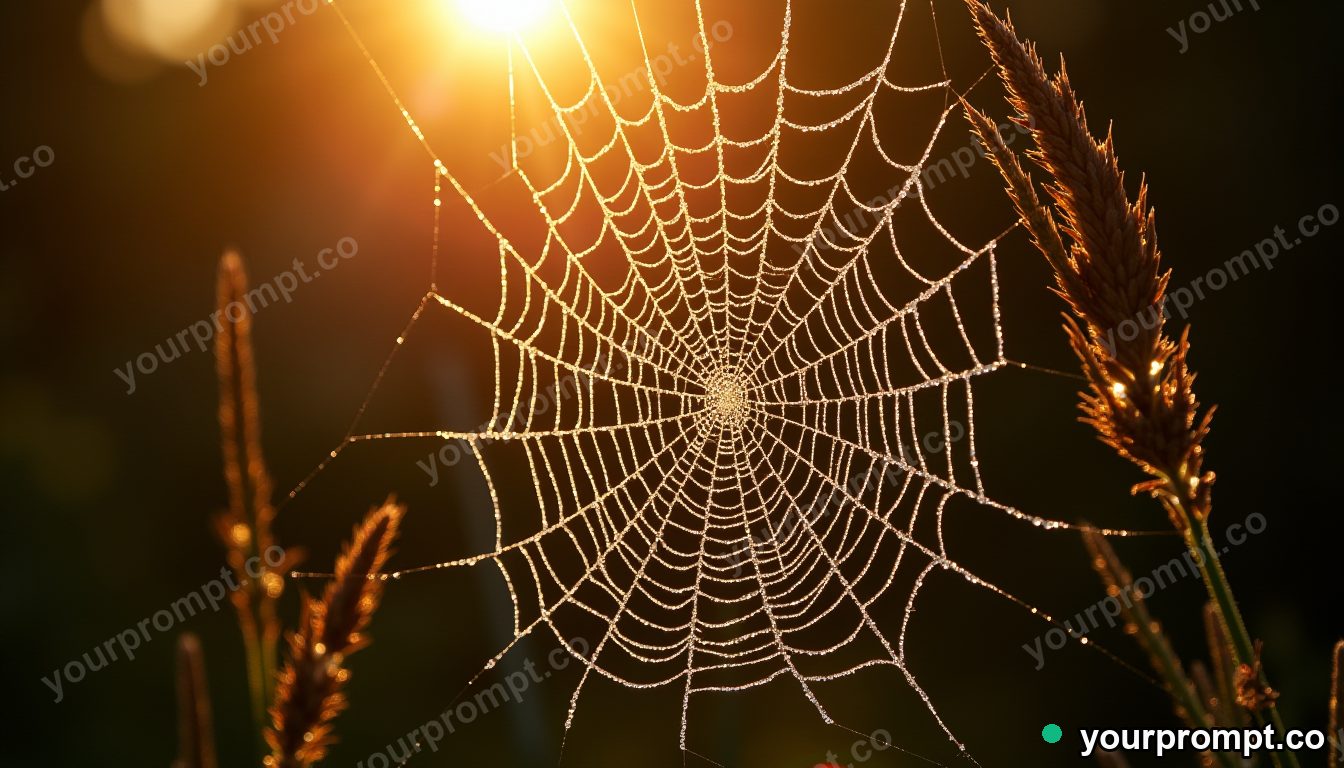 A spider web beaded with morning dew, backlit