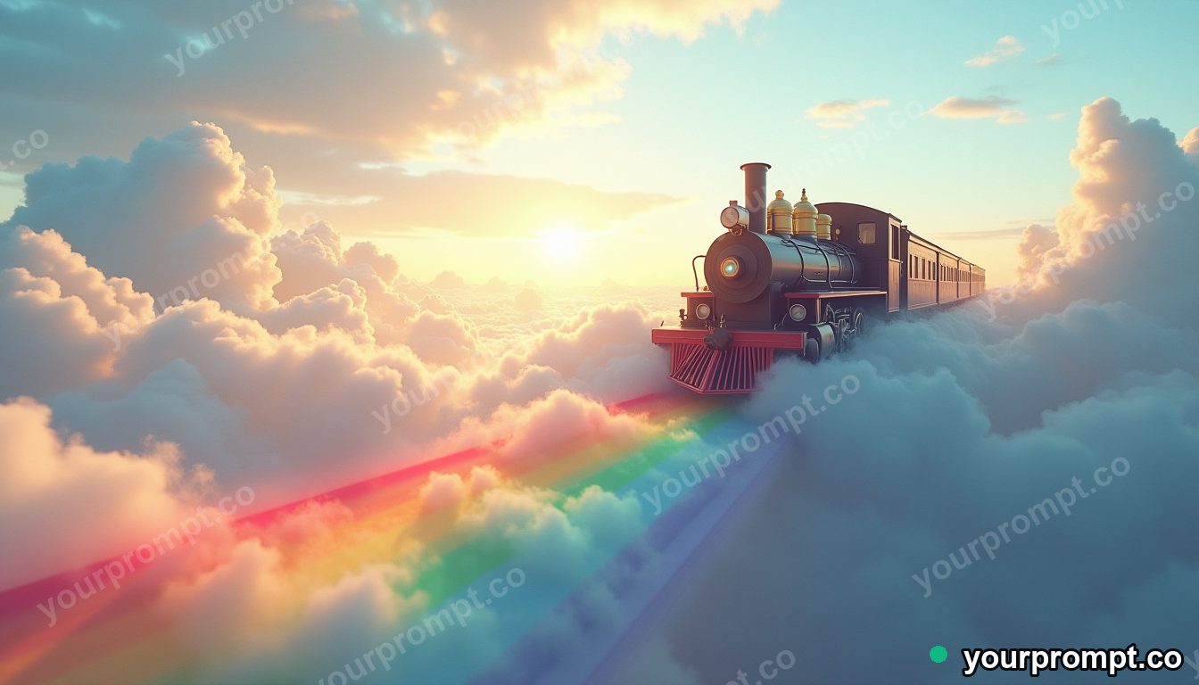A train made of clouds riding on rainbow tracks