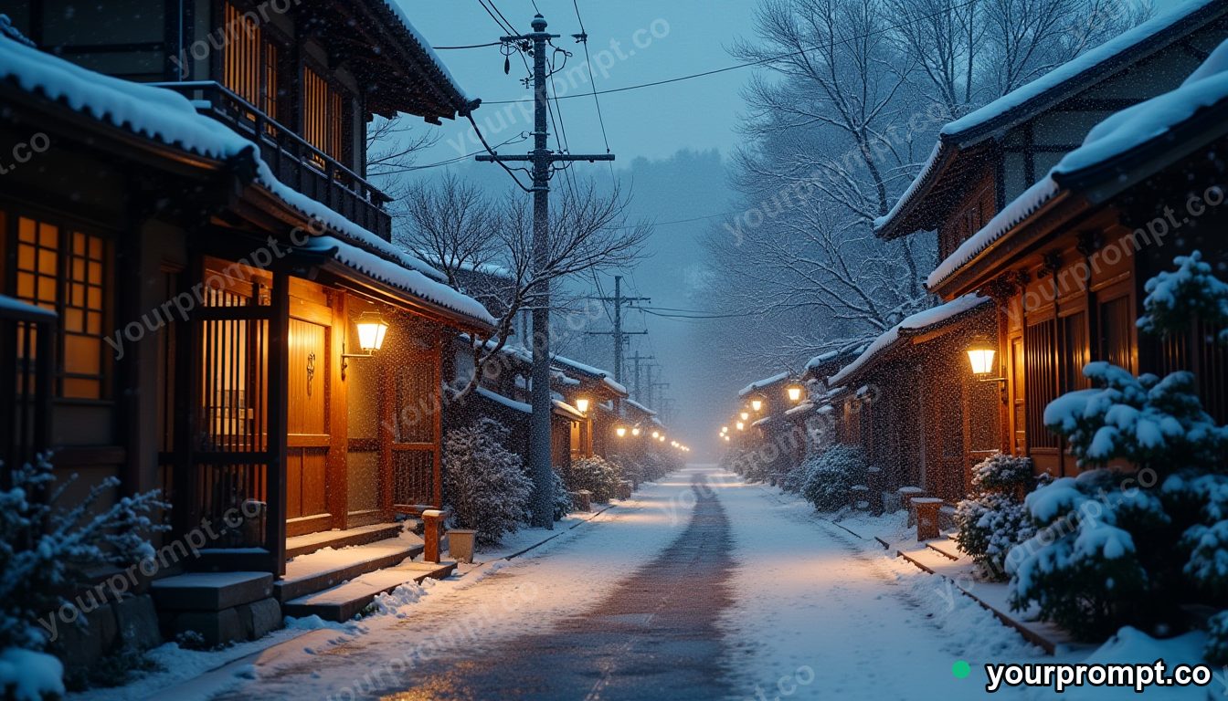 A samurai village street under falling snow