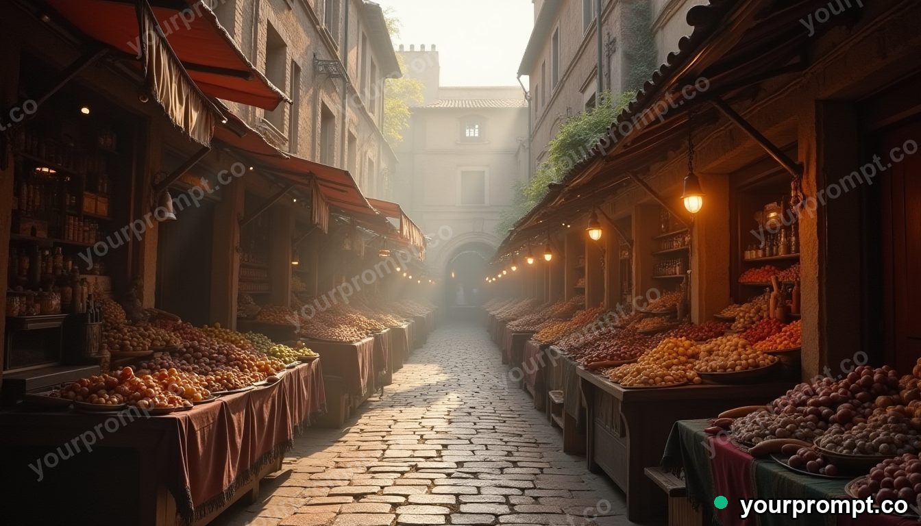 A bustling ancient Roman marketplace at midday