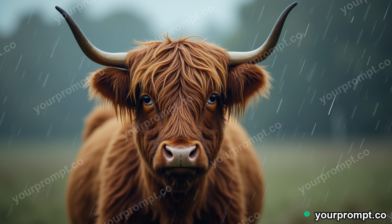 A highland cow with shaggy hair in the rain
