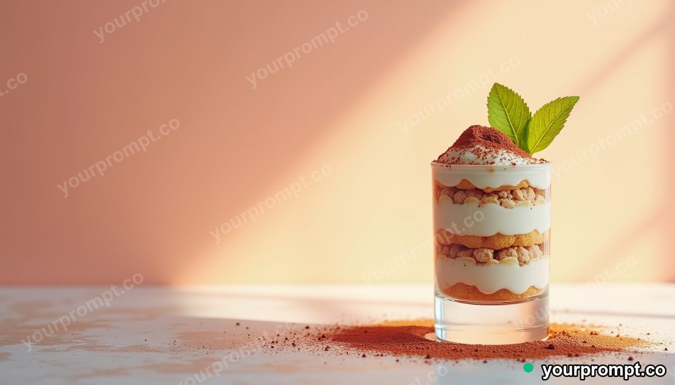 A tiramisu dusted with cocoa in a glass