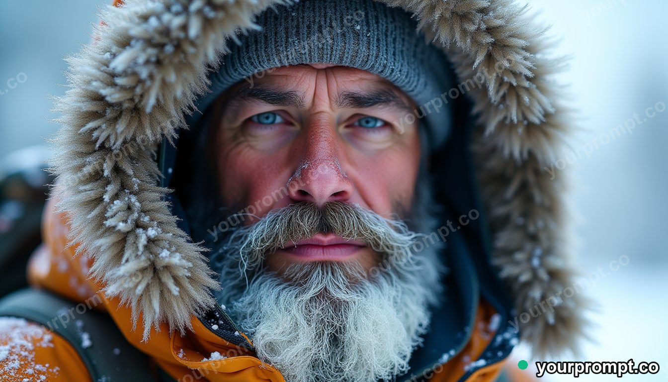 A rugged explorer in snow gear with frost on his beard, fictional