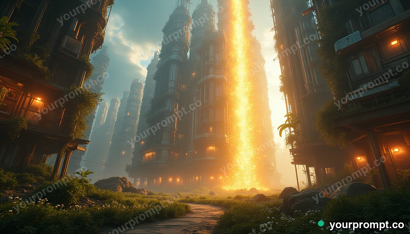 A vertical farm tower glowing inside a future city