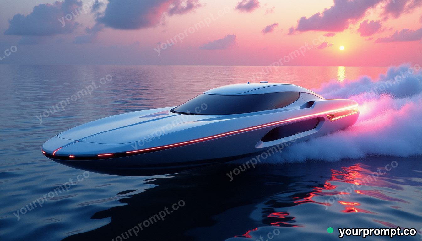 A futuristic hydrofoil racing across the ocean