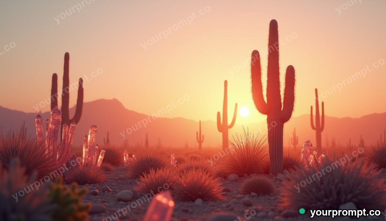 A desert with crystal cacti glowing at dusk