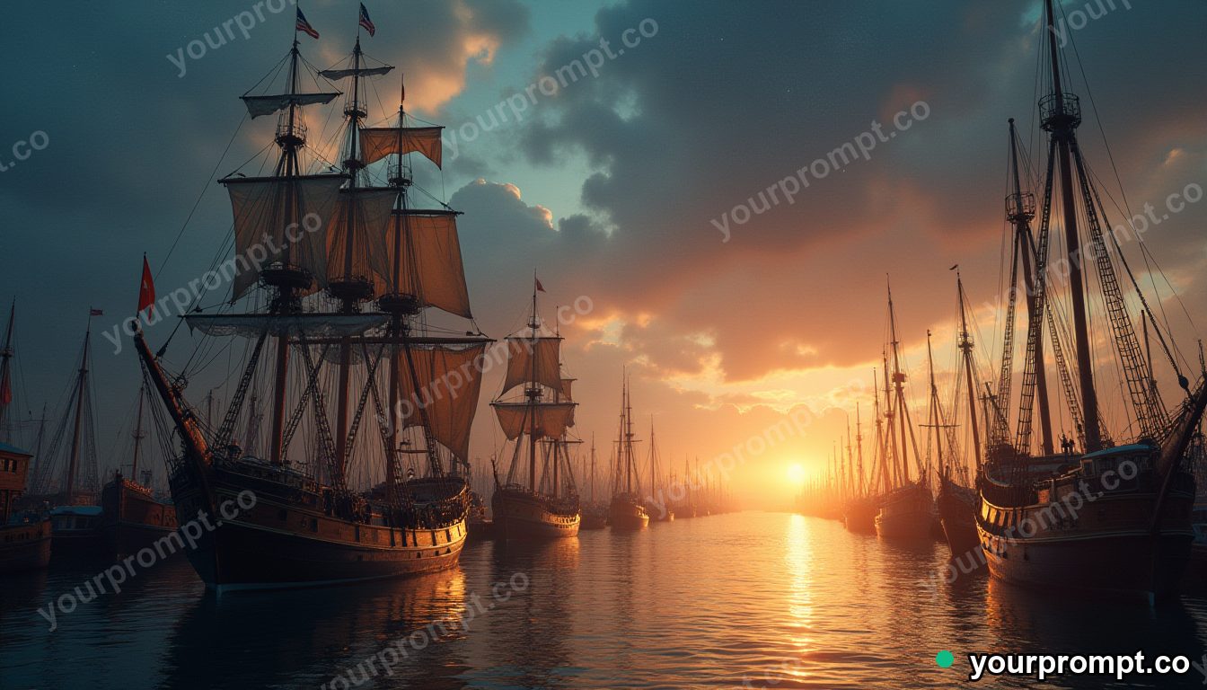 An old sailing harbor crowded with tall ships