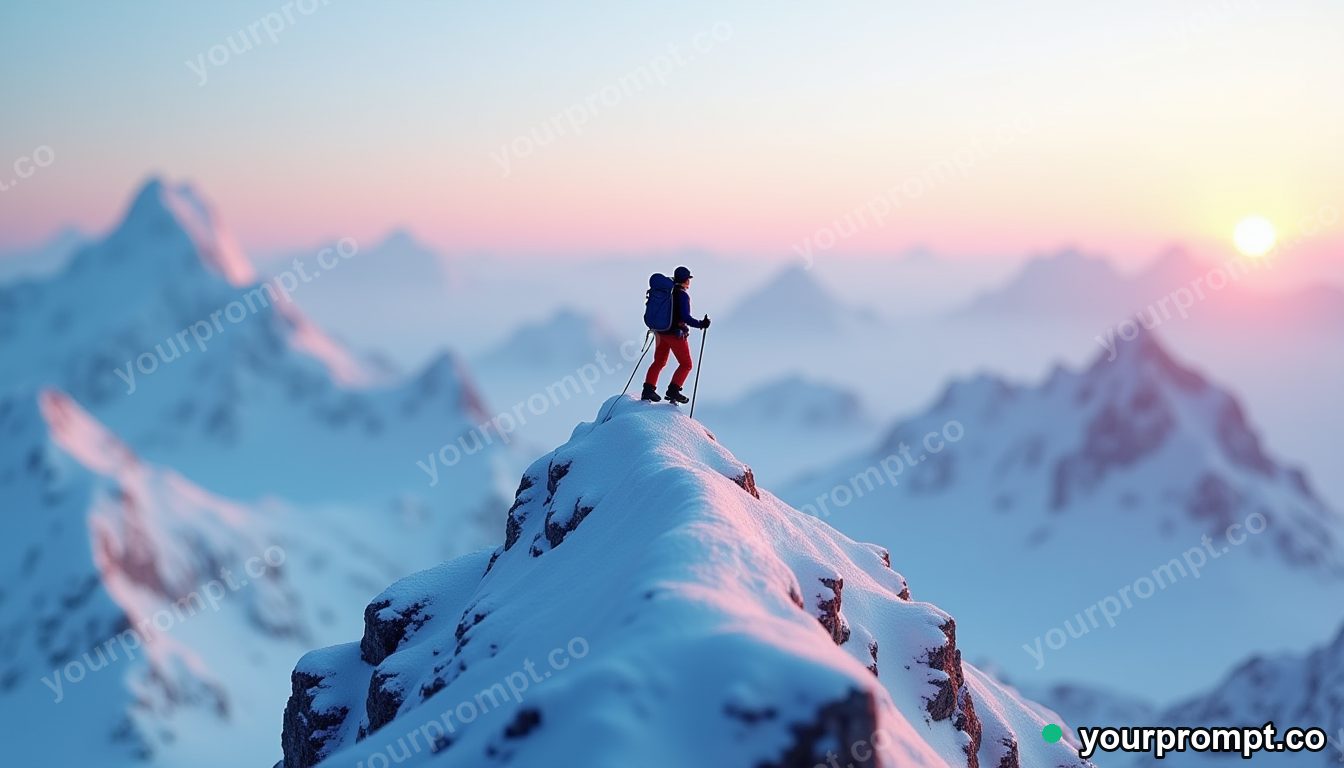 A mountain climber reaching a snowy summit at dawn