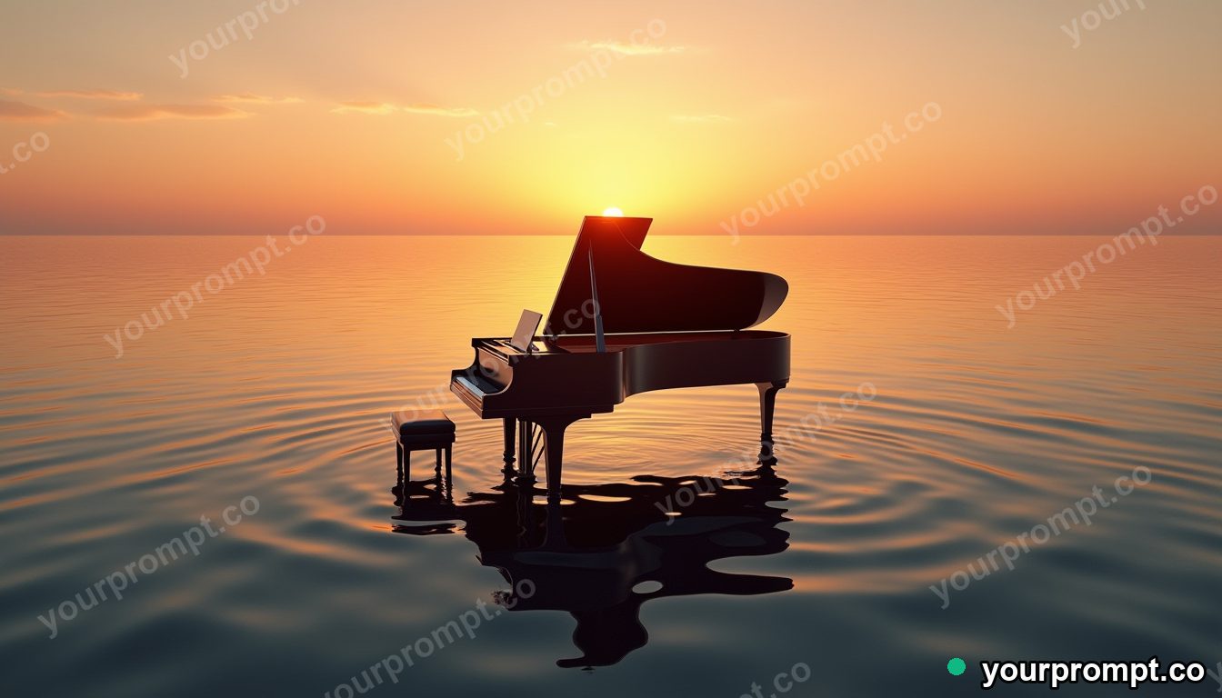 A grand piano floating in the middle of a calm ocean at sunset
