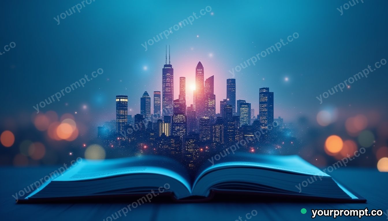 A city skyline rising out of an open book like pop-up paper